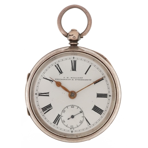 2463 - J H Williams, Edwardian gentlemen's silver key wind open face pocket watch having enamelled and subs... 