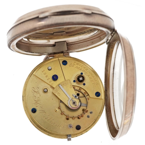 2463 - J H Williams, Edwardian gentlemen's silver key wind open face pocket watch having enamelled and subs... 