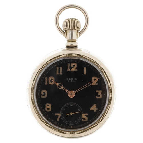 2541 - Elgin, American military interest keyless open face pocket watch having black and subsidiary dials w... 