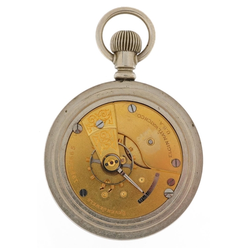 2541 - Elgin, American military interest keyless open face pocket watch having black and subsidiary dials w... 