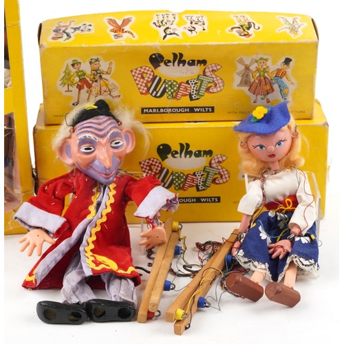 1575 - Three vintage Pelham puppets with boxes comprising wizard, Mitzi and fairy