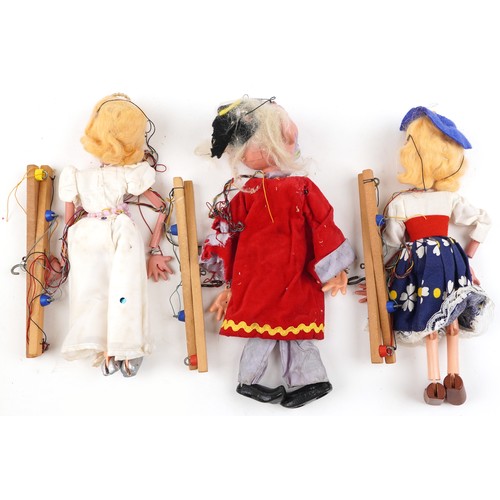 1575 - Three vintage Pelham puppets with boxes comprising wizard, Mitzi and fairy