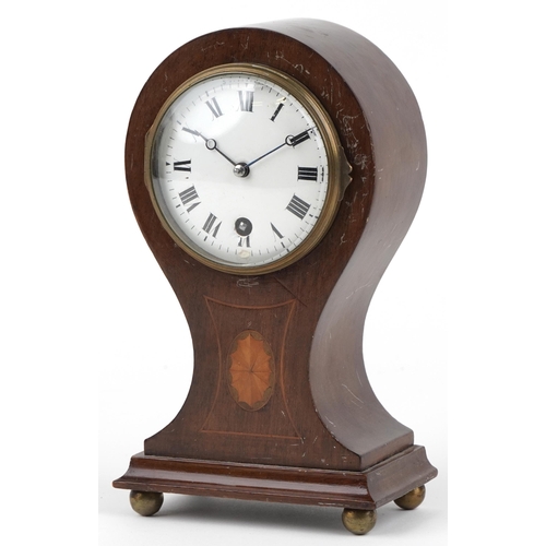 306 - Edwardian inlaid mahogany balloon shaped mantle clock with enamelled dial having Roman numerals, 23.... 