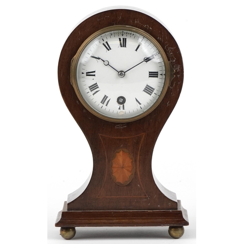 306 - Edwardian inlaid mahogany balloon shaped mantle clock with enamelled dial having Roman numerals, 23.... 