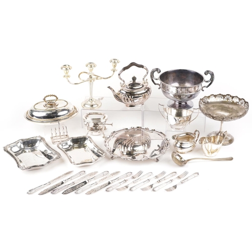 1459 - Silver plated sundry items including three branch candelabra, teapot on stand with burner and four s... 