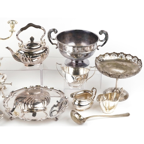 1459 - Silver plated sundry items including three branch candelabra, teapot on stand with burner and four s... 