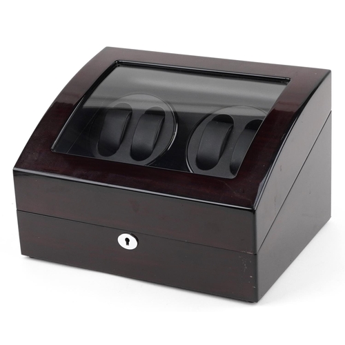 2778 - Contemporary cherry wood watch display box with four winders, 22cm H x 34cm W x 26cm D