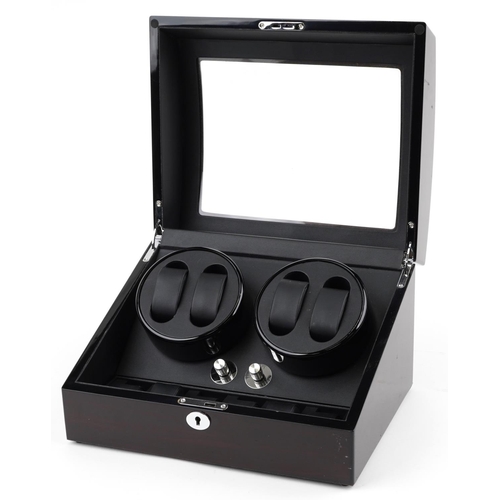 2778 - Contemporary cherry wood watch display box with four winders, 22cm H x 34cm W x 26cm D