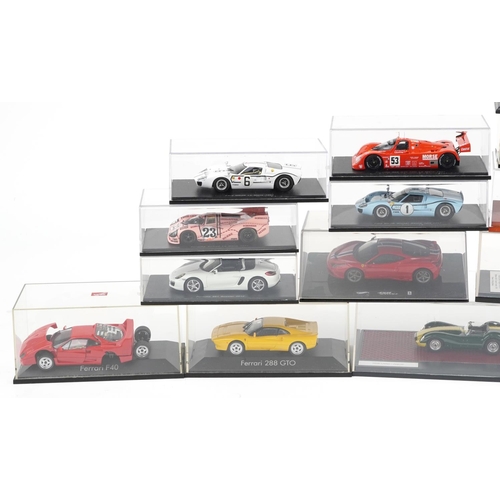 1565 - 1:43 scale diecast model racing vehicles, predominantly with display cases, including Fujima Ferrari... 