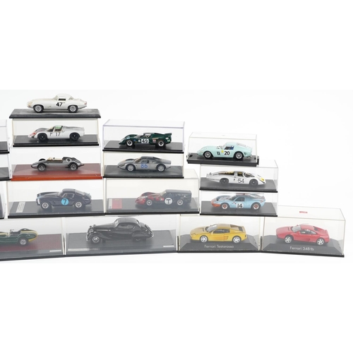 1565 - 1:43 scale diecast model racing vehicles, predominantly with display cases, including Fujima Ferrari... 