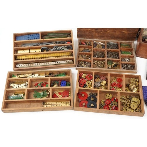 1591 - Collection of vintage Meccano and accessories arranged in two hardwood cases, one with various fitte... 