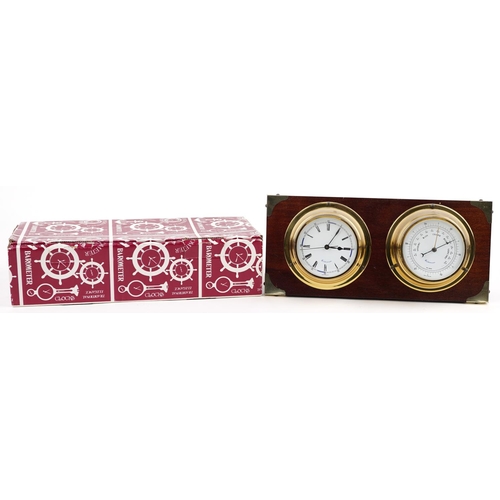 1523 - Weather Master mahogany and brass ship's design wall clock and barometer with box, 34cm x 15.5cm