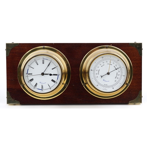 1523 - Weather Master mahogany and brass ship's design wall clock and barometer with box, 34cm x 15.5cm