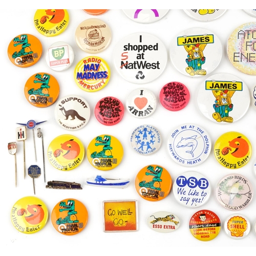 1695 - Large collection of vintage and later pin badges and stickpins including Shell, BP, Eveready, Poppin... 