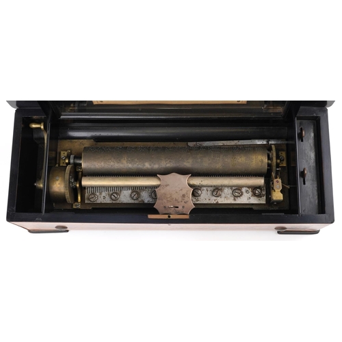 1194 - 19th century amboyna, kingwood and ebonised Swiss music box with 13 inch brass cylinder playing on e... 