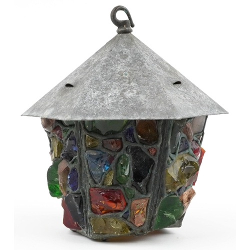 91 - Patinated verdigris lead lantern with colourful glass chunks, 27cm high