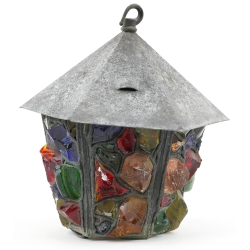 91 - Patinated verdigris lead lantern with colourful glass chunks, 27cm high