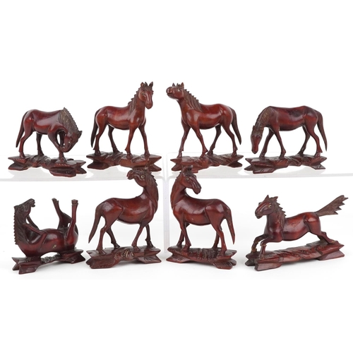 1364 - Eight Chinese carved hardwood horses of Wang Mu, 14cm wide