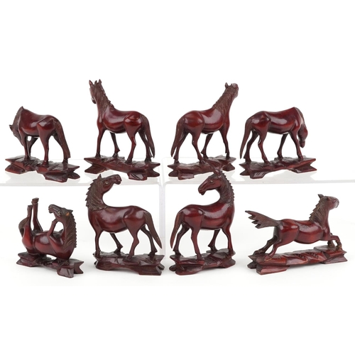 1364 - Eight Chinese carved hardwood horses of Wang Mu, 14cm wide