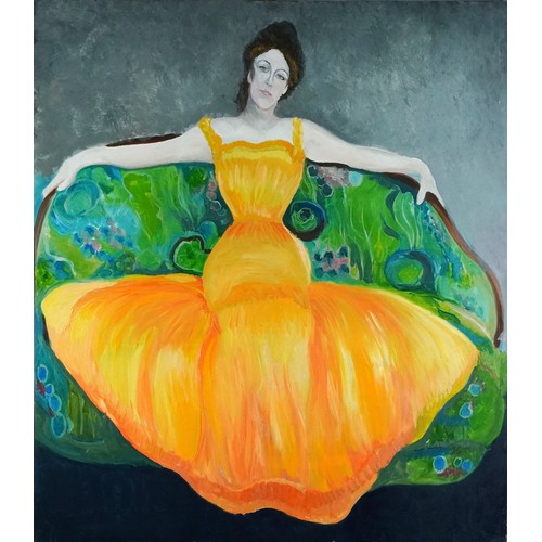 1182 - Clive Fredriksson - Female wearing an orange dress in an interior, contemporary oil on canvas, unfra... 