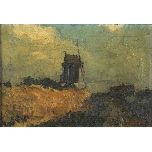 1241 - Landscape with windmill, 19th century European Impressionist oil on canvas bearing an indistinct sig... 