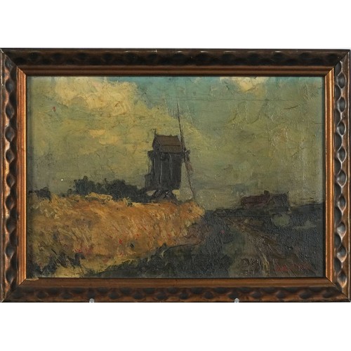 1241 - Landscape with windmill, 19th century European Impressionist oil on canvas bearing an indistinct sig... 