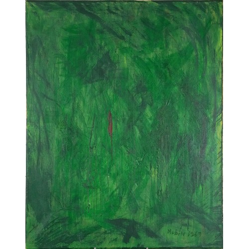  Attributed to Mubin Orhon - Green abstract, Turkish school oil on canvas, inscribed verso, unframed,... 