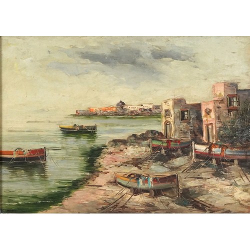 1474 - Corsini - Italian bay with moored fishing boats, Impressionist oil on canvas, framed 69cm x 49cm exc... 