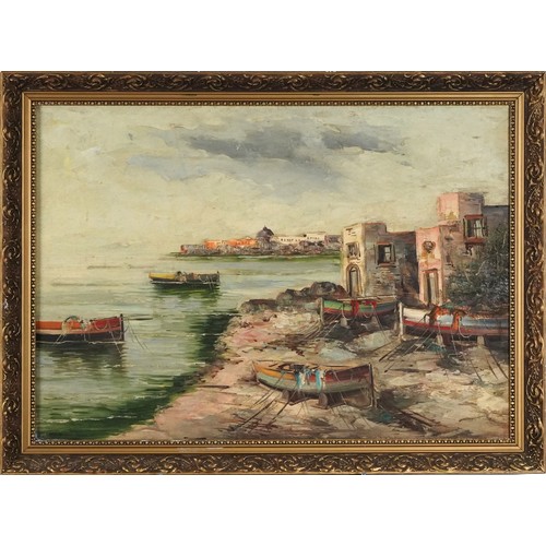 1474 - Corsini - Italian bay with moored fishing boats, Impressionist oil on canvas, framed 69cm x 49cm exc... 