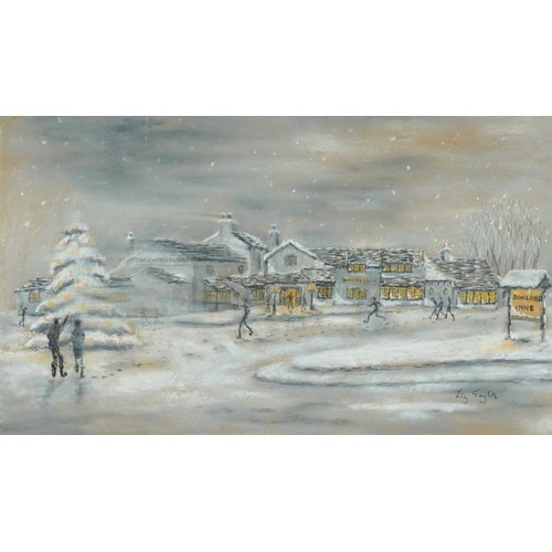 429 - Liz Taylor Webb (Student of Laurence Stephen Lowry) - Rural winter pub scene, pastel, inscribed vers... 