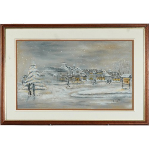 429 - Liz Taylor Webb (Student of Laurence Stephen Lowry) - Rural winter pub scene, pastel, inscribed vers... 