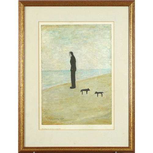 1222 - After Laurence Stephen Lowry - Man looking out to sea, print in colour with embossed watermark, moun... 