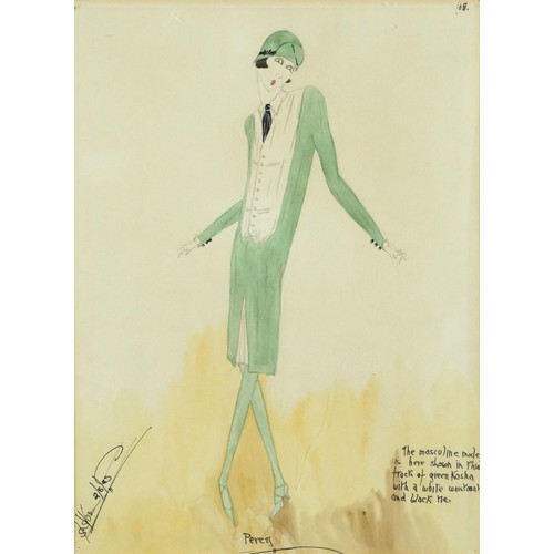 1027 - Female wearing a green Kosha frock with white waistcoat and black tie, Art Deco pencil and watercolo... 