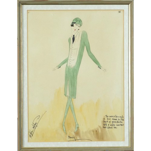 1027 - Female wearing a green Kosha frock with white waistcoat and black tie, Art Deco pencil and watercolo... 