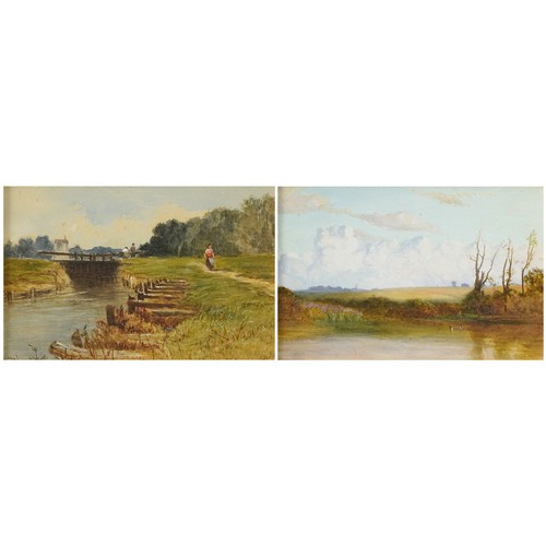 86 - Figures beside a dam and ducks in water, pair of Victorian heightened watercolours on paper, each fr... 