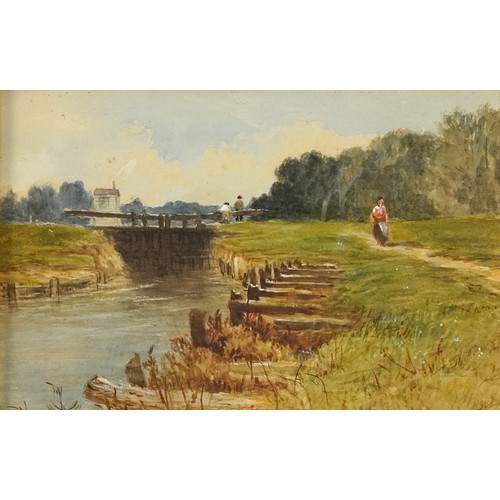 86 - Figures beside a dam and ducks in water, pair of Victorian heightened watercolours on paper, each fr... 