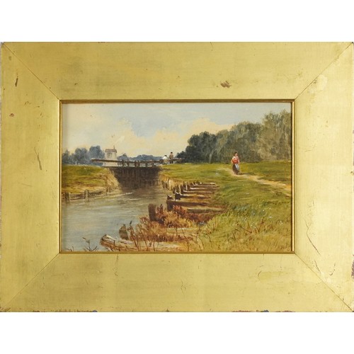 86 - Figures beside a dam and ducks in water, pair of Victorian heightened watercolours on paper, each fr... 