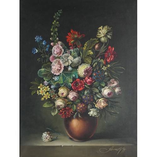 1081 - Still life mixed flowers in a vase, Italian Impressionist oil on canvas, bearing an indistinct signa... 