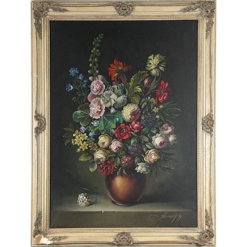 1081 - Still life mixed flowers in a vase, Italian Impressionist oil on canvas, bearing an indistinct signa... 