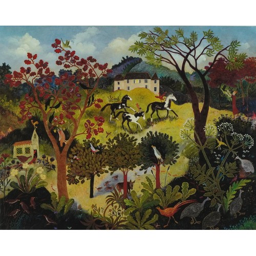 452 - Anna Pugh - Animals in a landscape, pencil signed print, limited edition 86/95, mounted, framed and ... 