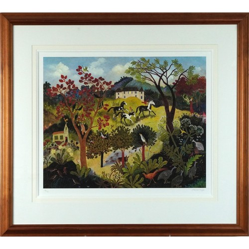 452 - Anna Pugh - Animals in a landscape, pencil signed print, limited edition 86/95, mounted, framed and ... 