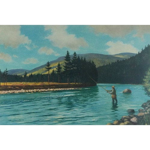 1267 - Roy Nockolds - Gentleman fly fishing before mountains, pencil signed print in colour with embossed w... 