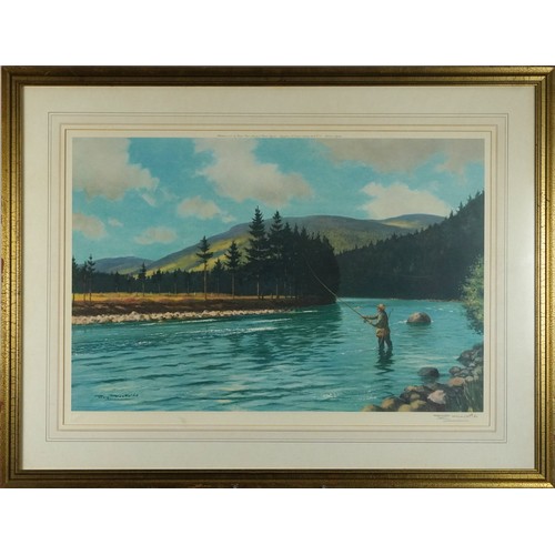 1267 - Roy Nockolds - Gentleman fly fishing before mountains, pencil signed print in colour with embossed w... 