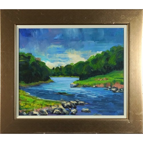 430 - Williams - River through woodland, contemporary oil on canvas, mounted, framed and glazed, 58.5cm x ... 