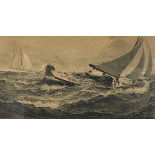 1298 - After Charles Napier Hemy - Youth, Yacht Racing, antique black and white etching, mounted, framed an... 