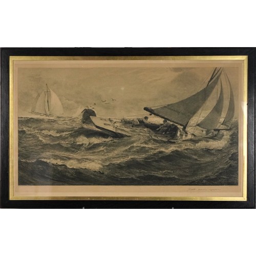 1298 - After Charles Napier Hemy - Youth, Yacht Racing, antique black and white etching, mounted, framed an... 