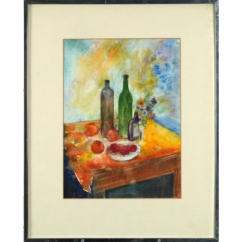 1242 - D Edmonds - Still life fruit and vessels on a table, contemporary watercolour, mounted framed and gl... 