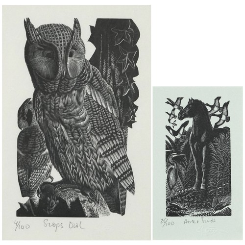 1445 - James T Osborne - Horse and Birds and Scops Owl, two limited edition black and white prints, inscrib... 