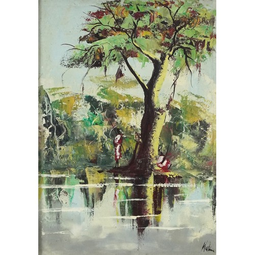 254 - Villagers with spears beside water, African school oil on canvas, framed, 47cm x 33cm excluding the ... 