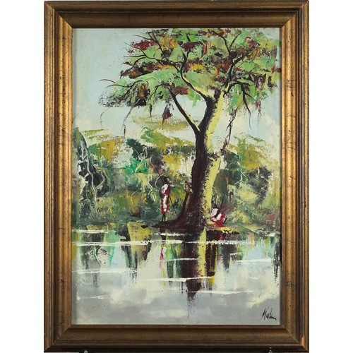 254 - Villagers with spears beside water, African school oil on canvas, framed, 47cm x 33cm excluding the ... 